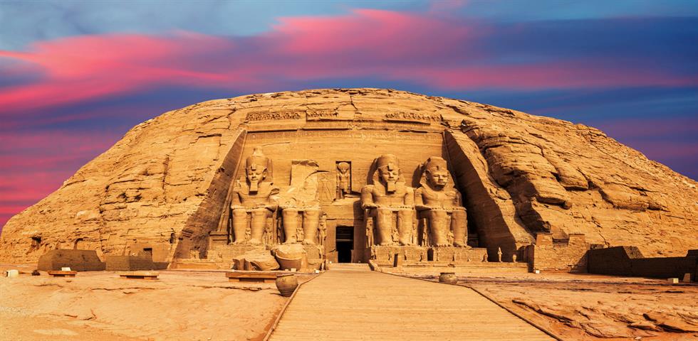Abu Simbel the Great Temple of Ramesses II main entrance view, Egypt