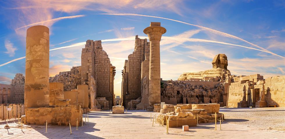 Hypostyle Hall of the ancient Karnak Temple with the great Sphinx, Luxor, Egypt